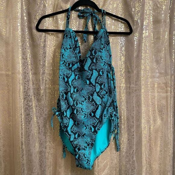 No Boundaries Teal Green Snakeskin Ruched One Piece Swimsuit XL 15-17 Jrs - Picture 1 of 9